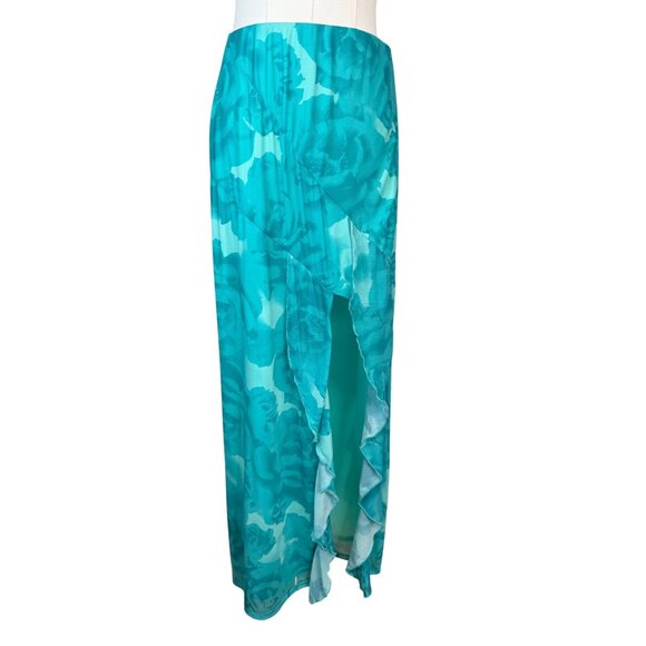 2/$30 NWT Something New Medium Turquoise/Teal Floral Ruffle Maxi Skirt Side Slit - Picture 1 of 16